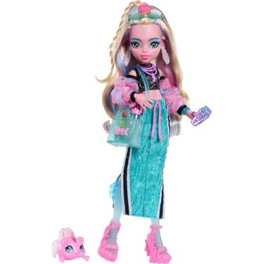 Imagem de Monster High Boneca, azul lagoa em top cropped e saia maxi esportiva com peixe de estimação Netuno e 7 acessórios como óculos de sol de concha, lanche e bolsa, JHK33