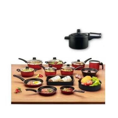 Imagem de Jogo 13 Panelas Vermelho Com Panela De Pressão Antiaderente
