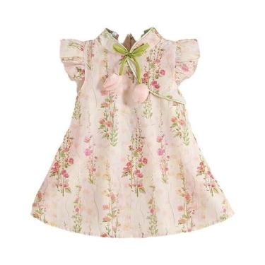 Imagem de Vestido Infantil Rosa Tulipa Sem Mangas, Estilo Retrô Chinês, Roupas I
