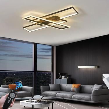 Imagem de Luminária de teto moderna, elegante e geométrica em LED, dimerizável, 105W, preta, quadrada, em acrílico, lustre embutido, grande, adequada para sala de estar, quarto, escritório, cozinha, 3