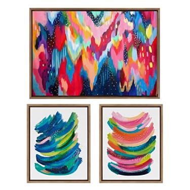 Imagem de Kate and Laurel Sylvie Brushstroke 100, Bright Abstract e 2 peças emolduradas em tela conjunto de arte de parede por Jessi Raulet of Ettavee, conjunto de 3 peças, 40,6 x 50,8 e 63,8 x 83,3 cm, moldura dourada, arte de parede colorida impressionante, decoração de casa