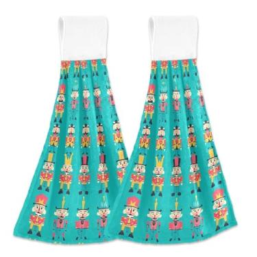 Imagem de Blueangle 2 peças de Natal quebra-nozes personagens pendurados toalhas de gravata toalha de mão toalha de mão absorvente de veludo coral macio pano para cozinha banheiro (576)