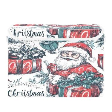 Imagem de SEHANY Linda caixa de armazenamento de Papai Noel de Natal com tampas e alças, organizador de cestas de armazenamento de tecido dobrável, caixas de armazenamento de cubos grandes para roupas, cobertor