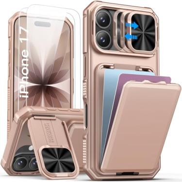Imagem de SSLOTSCASE Capa para iPhone 17 com 2 películas protetoras de tela, HD Clarity antiarranhões, suporte para cartão, suporte e capa de câmera deslizante, capa de telefone resistente de grau militar para