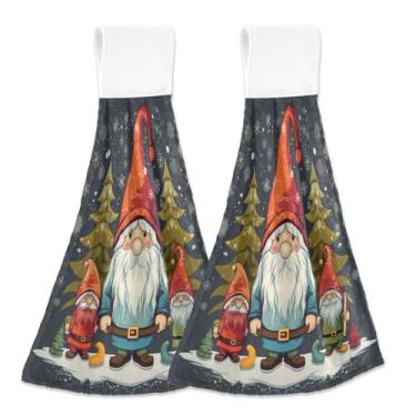 Imagem de Blueangle 2 peças de toalhas de gravata penduradas de gnomo de Natal toalha de mão de cozinha absorvente de veludo coral macio pano de pano para cozinha e banheiro (309)