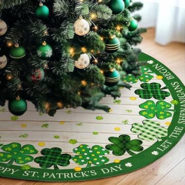 Imagem de Tapete de saia para árvore do dia de São Patrício 121 cm, saia curta de pelúcia verde para decoração de árvore no dia de São Patrício (trevo verde)