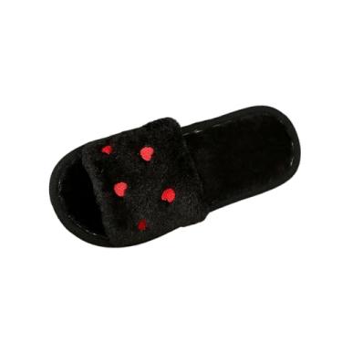 Imagem de Pantufas femininas com design de coração plus veludo quente bico aberto de um pé, Preto, 34
