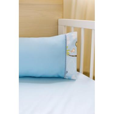 Imagem de Jogo de Lençol 2 Pçs Simples com Elástico Berço Americano Safari Malha com Ponto Palito e Barrado, Lençol e Fronha (Azul Bebê)