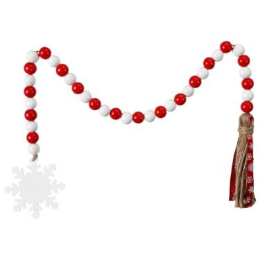 Imagem de Dayofun Guirlanda de contas de madeira com borlas - decoração de Natal, árvore de Natal, floco de neve, casa de fazenda, aconchegante, decoração de casa, decoração de bandeja em camadas, pendurar na
