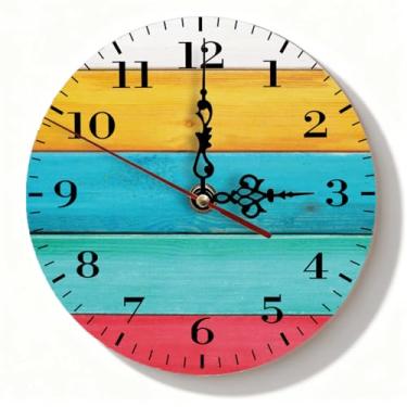 Imagem de Relógio de parede de madeira envelhecida amarelo azul-petróleo ombré - decoração silenciosa sem tique-taque para sala de estar - Relógio doméstico rústico - 19 cm