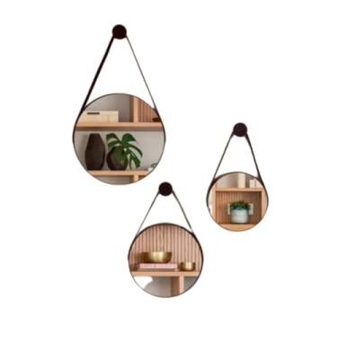 Imagem de Conjunto 3 Espelhos Redondos Decorativos Adnet com Alça de Couro e Suporte, 30cm 25cm 20cm, Preto