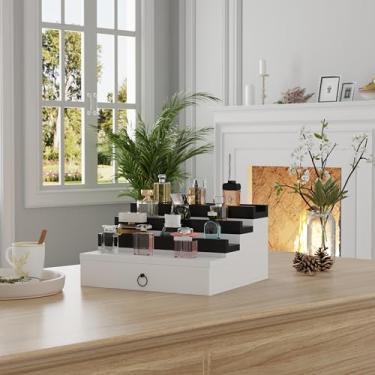 Imagem de Blisse Organizador de colônia/perfume, gaveta de armazenamento de 4 camadas com compartimentos ocultos, estojo de exibição com forro macio (branco com preto)