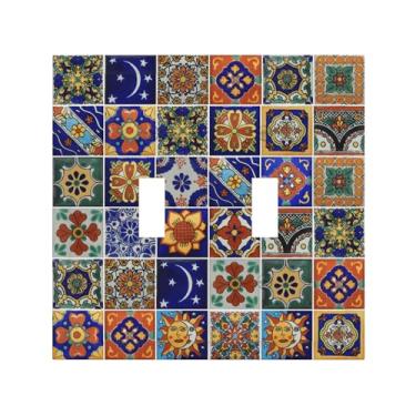 Imagem de Placa de cobertura para interruptor de luz de azulejo mexicano, inspirado na Talavera, azulejo espanhol, 2 faixas, interruptor duplo, borda moderna, policarbonato (PC), parafusos combinando, 12,7 x
