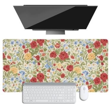 Imagem de Tapete de mesa para mesa, flores vermelhas, folhas verdes, mouse pad, protetor de mesa à prova d'água de couro PU, mousepad com base antiderrapante com borda costurada para jogos e escritório