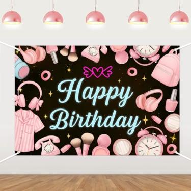 Imagem de Pano de fundo de aniversário neon, tema de festa do pijama brilhante, decorações de festa de feliz aniversário para fotos com respingos de fundo brilhante e louco adereços para cabine de fotos