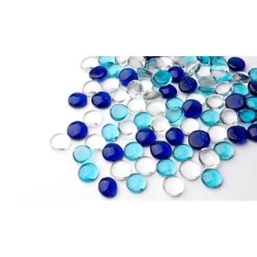 Imagem de Foncomy Mármores azuis mistos de vidro plano, pedras transparentes de 400 g, pedras de vidro decorativas para vasos, dispersão de mesa, artesanato, floral, pedras Mancala, rochas de aquário para