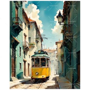 Imagem de Kit de pintura de bonde da cidade velha por números para adultos – Pintura em tela de bonde amarelo DIY em beco estreito 40,6 x 50,8 cm, conjunto de tinta acrílica, adequado para iniciantes, arte para