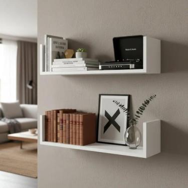 Imagem de Kit 02 Prateleiras U MDF 60x20cm Casa Livros Porta Retrato Decoração Q