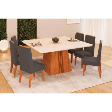 Imagem de Conjunto: Mesa de Cozinha Itália c/ Tampo Madeirado c/ Vidro Curvo 136x136cm e 6 Cadeiras Lia Freijo/Off White - Suede Lunar - DJ Móveis