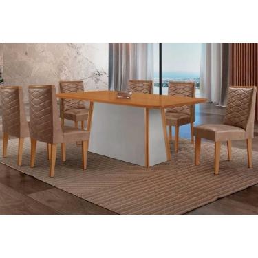 Imagem de Conjunto: Mesa de Cozinha Tilia c/ Tampo Madeirado Canto Curvo 180x90cm e 6 Cadeiras Dafne Naturale/Off White - Corano Capuccino - Rufato