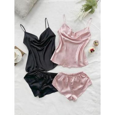 Imagem de Conjunto De Pijama Feminino De Verão Sexy Em Cetim Sólido, Top E Short