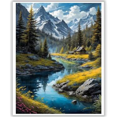 Imagem de HITO Kit de pintura de paisagem por números para adultos - Kit de pintura de montanha por números para adultos iniciantes para presente decoração de parede de casa 40,6 x 50,8 cm