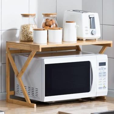 Imagem de VZQJHKMPXFS Rack de forno de micro-ondas de madeira de 2 camadas, organizador de prateleira de alta capacidade para bancada de cozinha, suporte de temperos e armazenamento, atualização de escritório