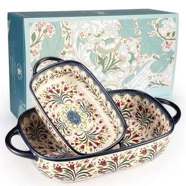 Imagem de Conjunto de 2 assadeiras de cerâmica – Caçarola decorativa estilo cerâmica polonesa com alças, lindo conjunto de presente de assadeira de lasanha seguro para forno (guirlanda de azeitona)