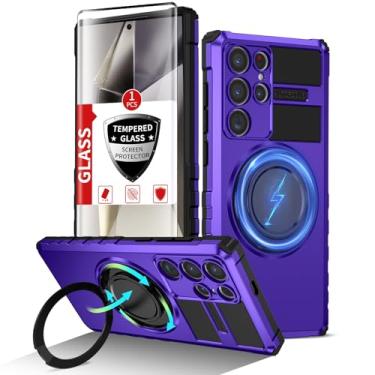 Imagem de IYTRRYH Capa magnética para Samsung Galaxy S24 Ultra compatível com carregamento sem fio, com protetor de tela, anel de suporte embutido, grau militar, queda, à prova de choque, proteção resistente