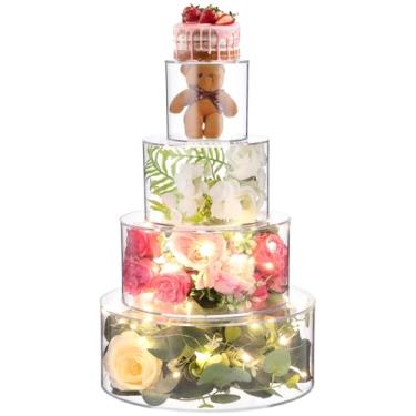 Imagem de Suporte de bolo de acrílico de 4 peças com luzes de LED, suporte transparente de 10 cm, caixa redonda de 4 camadas, caixa para aniversário, casamento, festa de feriado (4 peças)