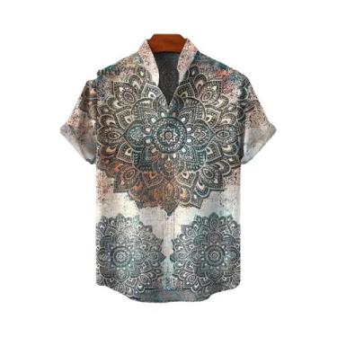 Imagem de Camisa Masculina Vintage De Linho Com Manga Curta E Estampa De Mandala