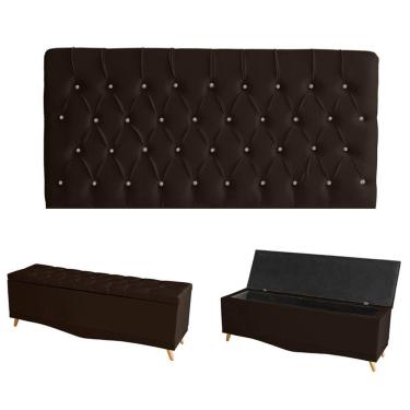 Imagem de Kit Estrela Cabeceira De Cama Painel E Calçadeira Baú Botão Cristal King 195 Cm Suede Marrom Eli Móveis E Decoração