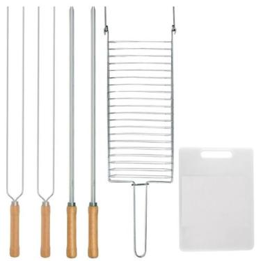 Imagem de Kit Preparo Churrasco 6pcs Churrasqueira Grelha Espetos 65cm Simples e