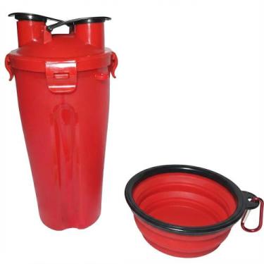 Imagem de Garrafa Dupla Porta Ração e Água Pets com Pote Retrátil Vermelha - Dro