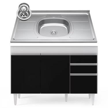 Imagem de Balcão Gabinete Com Pia Inox 120cm Michigan Branco-preto - Lumil