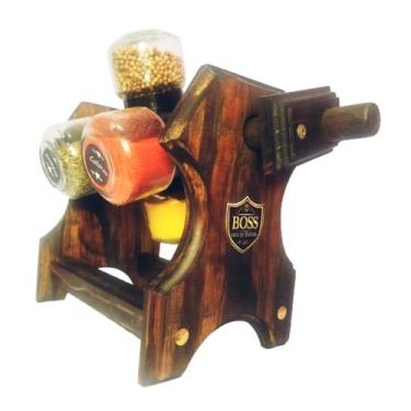 Imagem de Porta Temperos Giratório em Madeira 06 Potes com Manivela - Boss Arte 