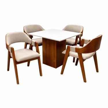 Imagem de Mesa de Jantar Dakota 90x90cm Sem Vidro e 4 Cadeiras Perola em Linho Madeira Cel Móveis Cor Cinamomo Off White com Tecido Bege