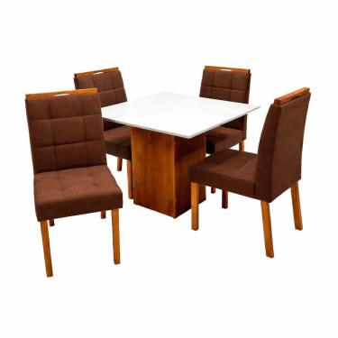 Imagem de Mesa de Jantar Dakota 90x90cm Sem Vidro e 4 Cadeiras Giulia em Veludo Estofadas Cel Móveis Cor Cinamomo Off White com Tecido Marrom