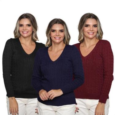 Imagem de Kit 3 Blusas Suéter Feminino Tricot Trançado Gola V Inverno - Gip Ecom
