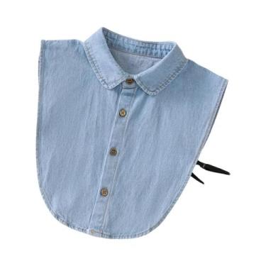 Imagem de Camisa Feminina Azul Jeans Lavado Com Gola Pontiaguda Casual Versátil 
