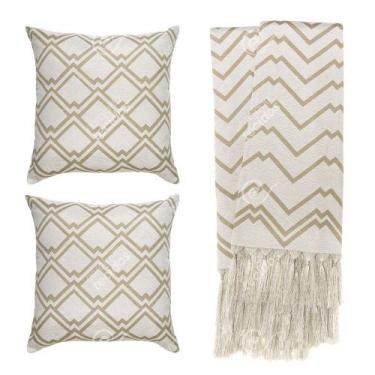 Imagem de Kit 1 manta Rústica e 2 Capas de Almofada para Sofá Geométrico Bege e 