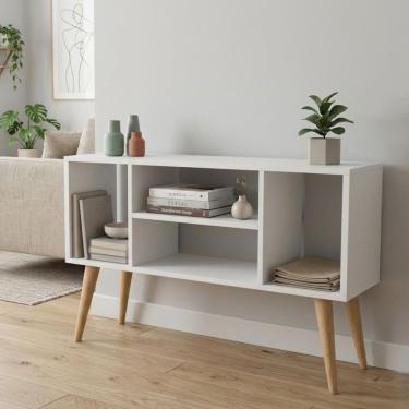 Imagem de Rack Para Tv Branco Home Com 4 Nichos Pés Em Madeira
