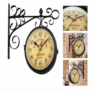 Imagem de Relogio De Parede Retro Estacao Ferroviario Dupla Face Vintage Decorativo Antigo 2 Lados Luxo