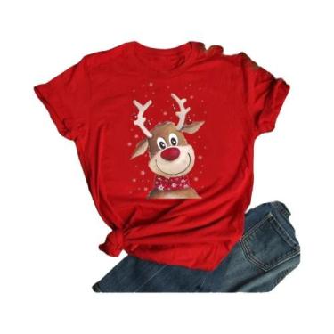 Imagem de Camiseta Feminina De Natal Com Estampa De Rena E Papai Noel, Gola O, E