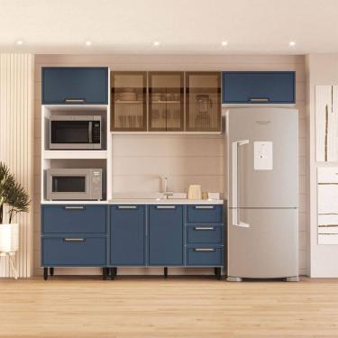 Imagem de Cozinha Compacta Amara 8 Portas 4 Gavetas com Vidro 40250781  Azul/Branco - Politorno
