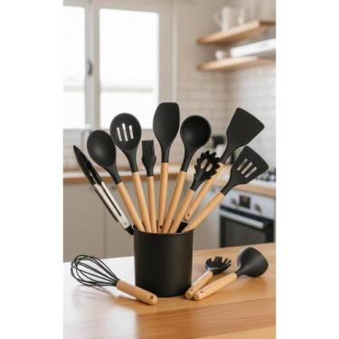 Imagem de Kit 12 Utensílios Silicone Preto Cabo Madeira C/ Balde - Congratulatio
