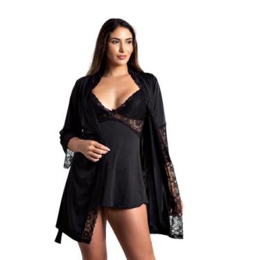 Imagem de Kit Camisola com Click Frontal Amamentação e Robe Luxo - Roupa De Dorm