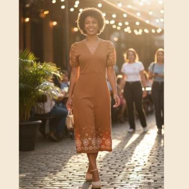 Imagem de Vestido Midi em Meia Malha com Gola V Cereja Rosa, P, Marrom