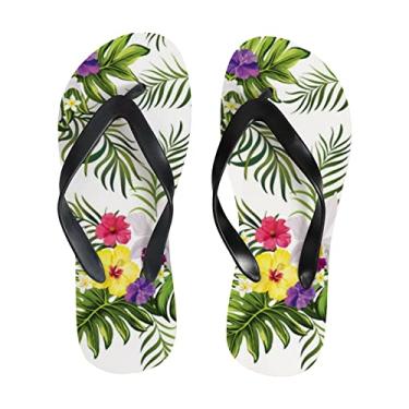 Imagem de Chinelo fino feminino Hbisco tropical folhas de palmeira flores sandália tanga de praia chinelos confortáveis para viagem de verão para homens, Multicor, 6-7 Narrow Women/5-6 Narrow Men