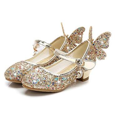 Imagem de TangDao Sapatos de festa de casamento Mary Jane com borboleta brilhante para meninas com glitter, salto baixo, sapatos de princesa (bebê/criança pequena/criança grande), Dourado, 3.5 Big Kid